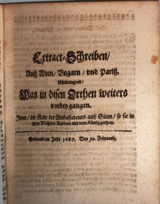 Mercurii Relation, oder wochentliche Reichs Ordinari Zeitungen, von underschidlichen Orthen (Süddeutsche Presse) Samstag 22. Februar 1687