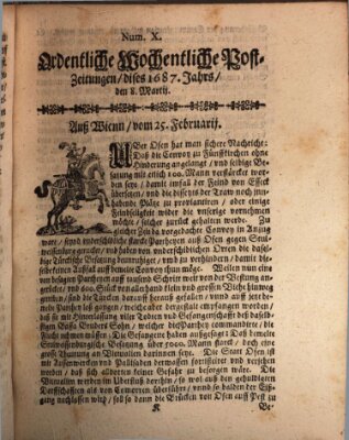 Ordentliche wochentliche Post-Zeitungen Samstag 8. März 1687