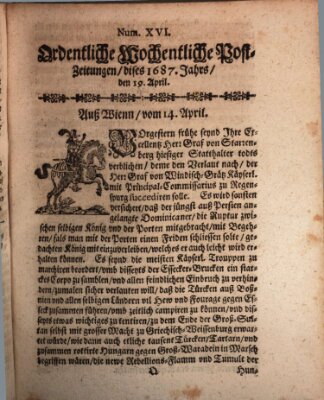 Ordentliche wochentliche Post-Zeitungen Samstag 19. April 1687