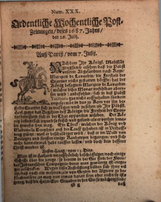 Ordentliche wochentliche Post-Zeitungen Saturday 26. July 1687