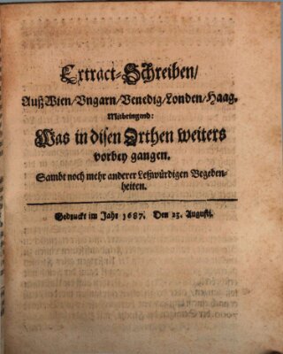 Mercurii Relation, oder wochentliche Reichs Ordinari Zeitungen, von underschidlichen Orthen (Süddeutsche Presse) Samstag 23. August 1687