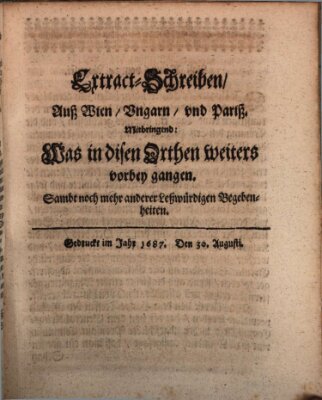 Mercurii Relation, oder wochentliche Reichs Ordinari Zeitungen, von underschidlichen Orthen (Süddeutsche Presse) Samstag 30. August 1687