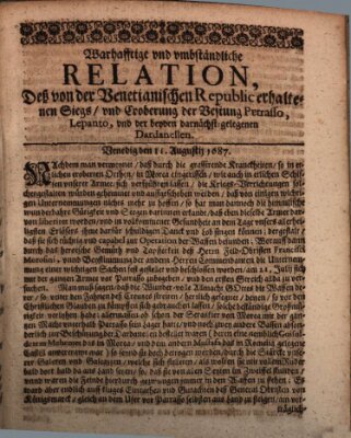 Mercurii Relation, oder wochentliche Reichs Ordinari Zeitungen, von underschidlichen Orthen (Süddeutsche Presse) Montag 11. August 1687