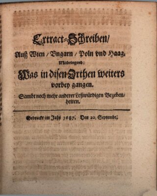 Mercurii Relation, oder wochentliche Reichs Ordinari Zeitungen, von underschidlichen Orthen (Süddeutsche Presse) Samstag 20. September 1687