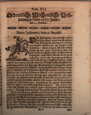 Ordentliche wochentliche Post-Zeitungen Samstag 11. Oktober 1687