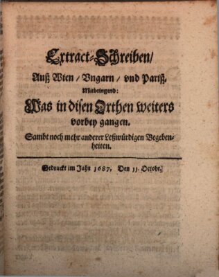 Mercurii Relation, oder wochentliche Reichs Ordinari Zeitungen, von underschidlichen Orthen (Süddeutsche Presse) Samstag 11. Oktober 1687