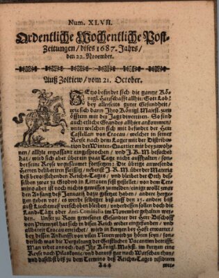 Ordentliche wochentliche Post-Zeitungen Samstag 22. November 1687