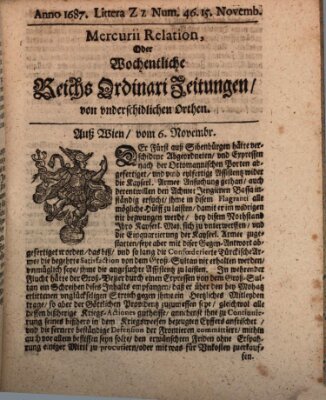 Mercurii Relation, oder wochentliche Reichs Ordinari Zeitungen, von underschidlichen Orthen (Süddeutsche Presse) Samstag 15. November 1687