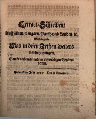 Mercurii Relation, oder wochentliche Reichs Ordinari Zeitungen, von underschidlichen Orthen (Süddeutsche Presse) Samstag 8. November 1687