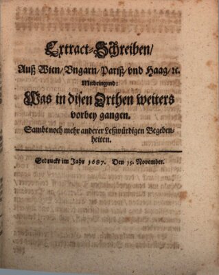 Mercurii Relation, oder wochentliche Reichs Ordinari Zeitungen, von underschidlichen Orthen (Süddeutsche Presse) Samstag 15. November 1687