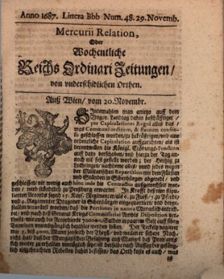 Mercurii Relation, oder wochentliche Reichs Ordinari Zeitungen, von underschidlichen Orthen (Süddeutsche Presse) Samstag 29. November 1687