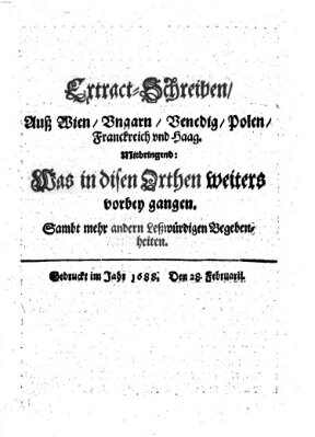 Mercurii Relation, oder wochentliche Reichs Ordinari Zeitungen, von underschidlichen Orthen (Süddeutsche Presse) Samstag 28. Februar 1688