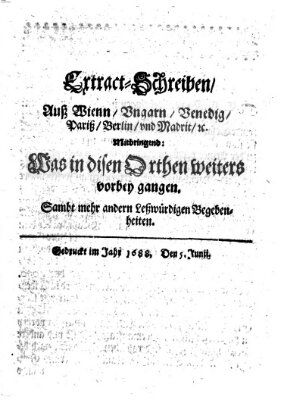 Mercurii Relation, oder wochentliche Reichs Ordinari Zeitungen, von underschidlichen Orthen (Süddeutsche Presse) Samstag 5. Juni 1688