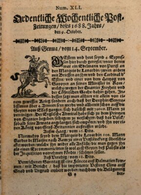 Ordentliche wochentliche Post-Zeitungen Samstag 9. Oktober 1688