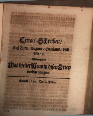 Mercurii Relation, oder wochentliche Reichs Ordinari Zeitungen, von underschidlichen Orthen (Süddeutsche Presse) Samstag 8. Januar 1689