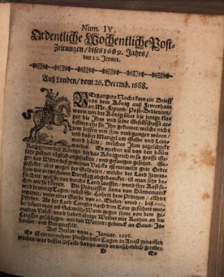 Ordentliche wochentliche Post-Zeitungen Samstag 22. Januar 1689