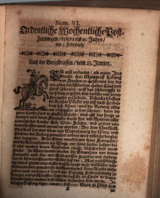 Ordentliche wochentliche Post-Zeitungen Samstag 5. Februar 1689