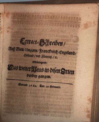 Mercurii Relation, oder wochentliche Reichs Ordinari Zeitungen, von underschidlichen Orthen (Süddeutsche Presse) Samstag 19. Februar 1689