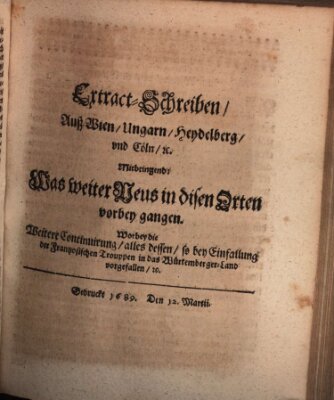 Mercurii Relation, oder wochentliche Reichs Ordinari Zeitungen, von underschidlichen Orthen (Süddeutsche Presse) Samstag 12. März 1689