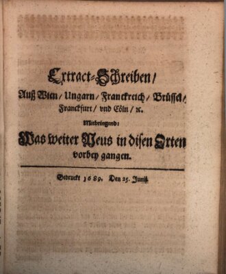 Mercurii Relation, oder wochentliche Reichs Ordinari Zeitungen, von underschidlichen Orthen (Süddeutsche Presse) Samstag 25. Juni 1689