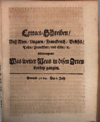 Mercurii Relation, oder wochentliche Reichs Ordinari Zeitungen, von underschidlichen Orthen (Süddeutsche Presse) Samstag 2. Juli 1689