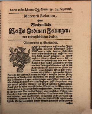 Mercurii Relation, oder wochentliche Reichs Ordinari Zeitungen, von underschidlichen Orthen (Süddeutsche Presse) Samstag 24. September 1689