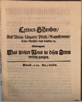 Mercurii Relation, oder wochentliche Reichs Ordinari Zeitungen, von underschidlichen Orthen (Süddeutsche Presse) Samstag 1. Oktober 1689