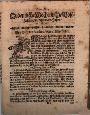 Ordentliche wochentliche Post-Zeitungen Samstag 1. Oktober 1689