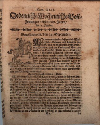 Ordentliche wochentliche Post-Zeitungen Samstag 15. Oktober 1689