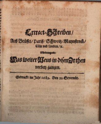 Mercurii Relation, oder wochentliche Reichs Ordinari Zeitungen, von underschidlichen Orthen (Süddeutsche Presse) Donnerstag 22. September 1689