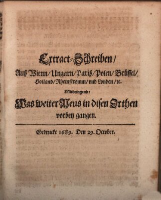 Mercurii Relation, oder wochentliche Reichs Ordinari Zeitungen, von underschidlichen Orthen (Süddeutsche Presse) Samstag 29. Oktober 1689