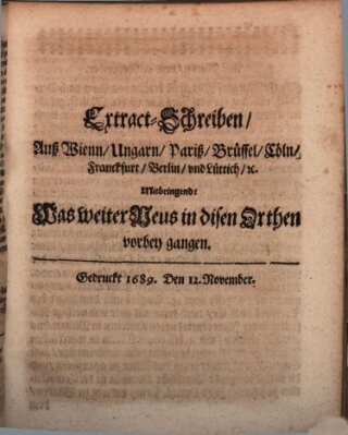 Mercurii Relation, oder wochentliche Reichs Ordinari Zeitungen, von underschidlichen Orthen (Süddeutsche Presse) Samstag 12. November 1689