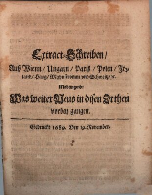 Mercurii Relation, oder wochentliche Reichs Ordinari Zeitungen, von underschidlichen Orthen (Süddeutsche Presse) Samstag 19. November 1689