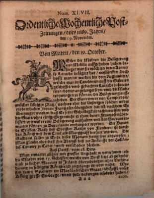 Ordentliche wochentliche Post-Zeitungen Samstag 19. November 1689