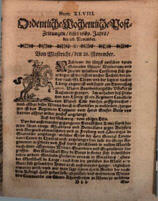 Ordentliche wochentliche Post-Zeitungen Samstag 26. November 1689