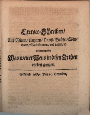 Mercurii Relation, oder wochentliche Reichs Ordinari Zeitungen, von underschidlichen Orthen (Süddeutsche Presse) Samstag 10. Dezember 1689