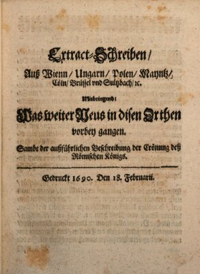 Mercurii Relation, oder wochentliche Reichs Ordinari Zeitungen, von underschidlichen Orthen (Süddeutsche Presse) Samstag 18. Februar 1690