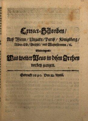 Mercurii Relation, oder wochentliche Reichs Ordinari Zeitungen, von underschidlichen Orthen (Süddeutsche Presse) Samstag 22. April 1690