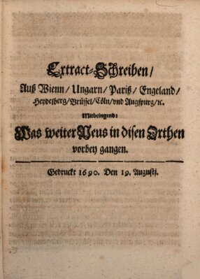 Mercurii Relation, oder wochentliche Reichs Ordinari Zeitungen, von underschidlichen Orthen (Süddeutsche Presse) Samstag 19. August 1690