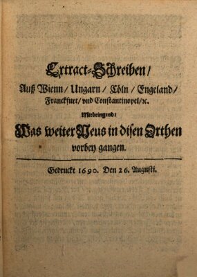 Mercurii Relation, oder wochentliche Reichs Ordinari Zeitungen, von underschidlichen Orthen (Süddeutsche Presse) Samstag 26. August 1690