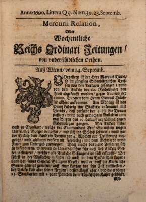 Mercurii Relation, oder wochentliche Reichs Ordinari Zeitungen, von underschidlichen Orthen (Süddeutsche Presse) Samstag 23. September 1690