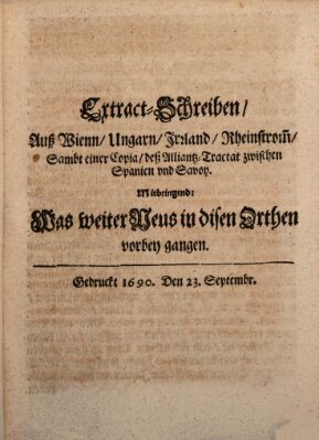 Mercurii Relation, oder wochentliche Reichs Ordinari Zeitungen, von underschidlichen Orthen (Süddeutsche Presse) Samstag 23. September 1690