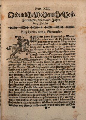 Ordentliche wochentliche Post-Zeitungen Samstag 7. Oktober 1690