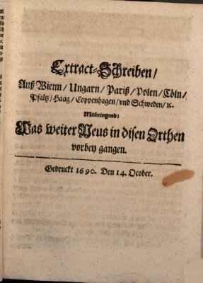 Mercurii Relation, oder wochentliche Reichs Ordinari Zeitungen, von underschidlichen Orthen (Süddeutsche Presse) Samstag 14. Oktober 1690