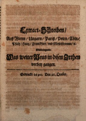 Mercurii Relation, oder wochentliche Reichs Ordinari Zeitungen, von underschidlichen Orthen (Süddeutsche Presse) Samstag 21. Oktober 1690