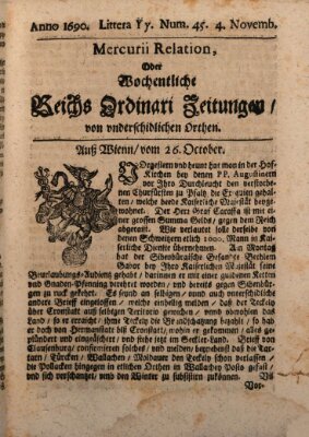 Mercurii Relation, oder wochentliche Reichs Ordinari Zeitungen, von underschidlichen Orthen (Süddeutsche Presse) Samstag 4. November 1690