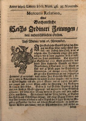 Mercurii Relation, oder wochentliche Reichs Ordinari Zeitungen, von underschidlichen Orthen (Süddeutsche Presse) Samstag 25. November 1690