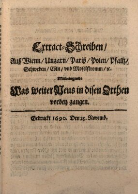 Mercurii Relation, oder wochentliche Reichs Ordinari Zeitungen, von underschidlichen Orthen (Süddeutsche Presse) Samstag 25. November 1690