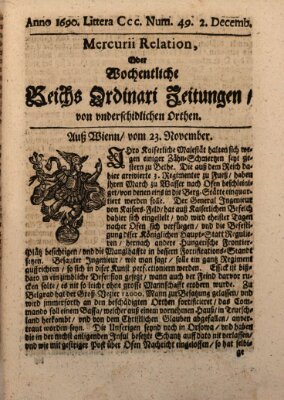 Mercurii Relation, oder wochentliche Reichs Ordinari Zeitungen, von underschidlichen Orthen (Süddeutsche Presse) Samstag 2. Dezember 1690