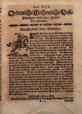 Ordentliche wochentliche Post-Zeitungen Samstag 2. Dezember 1690